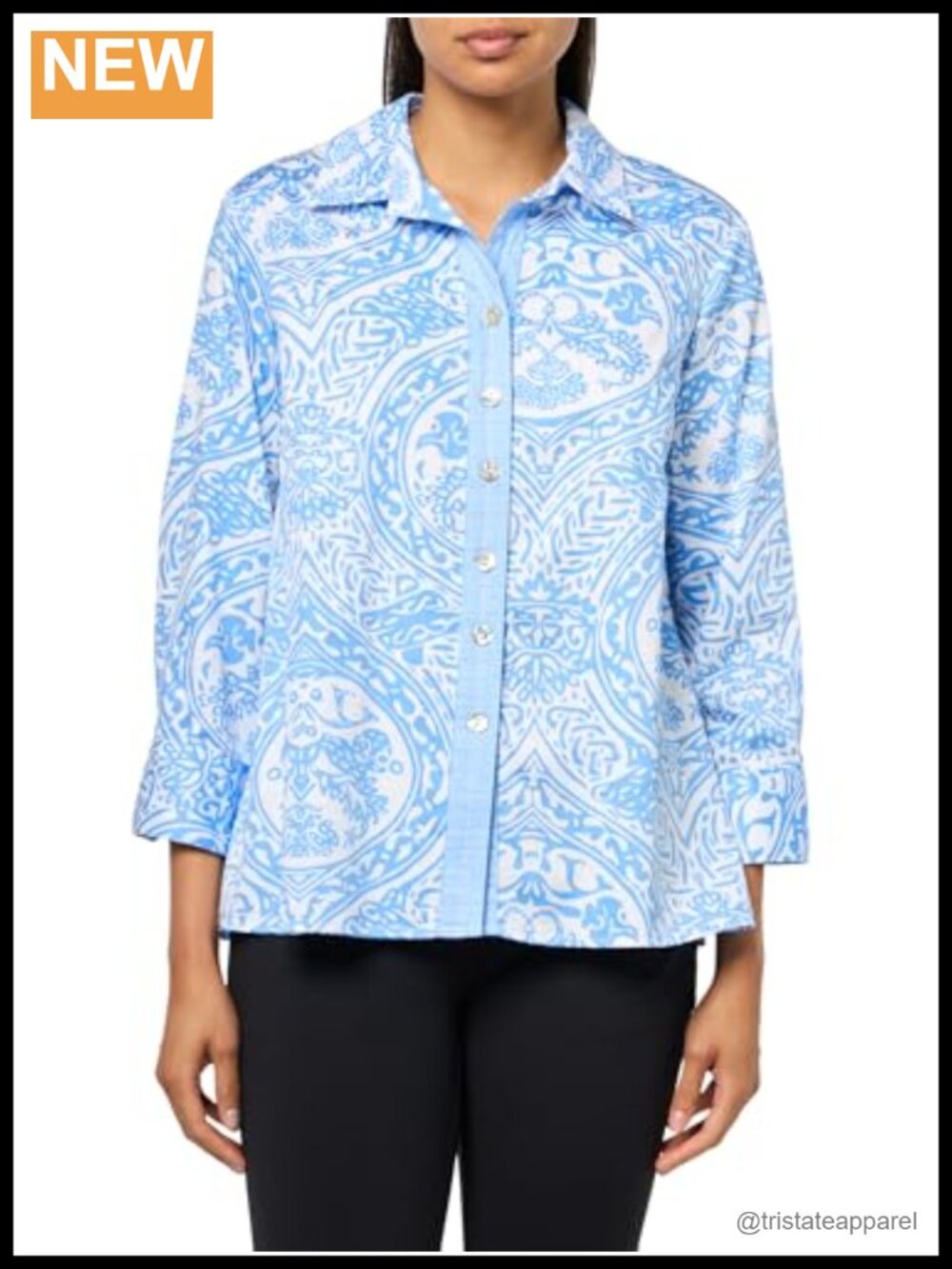 Woven Button Front Blouse Point Collar 3/4 Cuff Sleeve Tunic Top